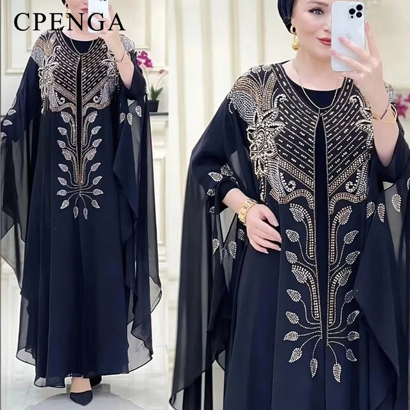 Muslim Bead Abaya for Women Chiffon Kimono Abayas and Long Sleeve Innder Dress 2 Piece Set Elegant African Clothes Boubou Robe