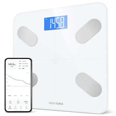 WiFi Bathroom Scale: Measures Weight, BMI, Body Fat, Muscle Mass & Water for Up to 8 Users, 400 lbs Capacity in White