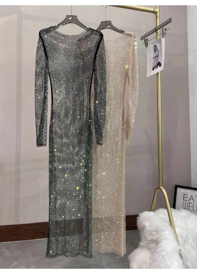 Summer European and American High-end Long Dress Concert Seaside Vacation Shiny Net Diamond All-match Dress Party Banquet