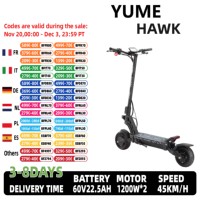 YUME HAWK Electric Scooter, 1200W*2 Powerful Motor 60V 22.5Ah Battery 70km/h Max Speed 10x3.15' Tubeless Tires Adult Escooter