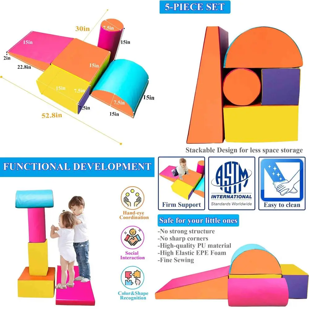 

5-Piece Soft Foam Block Set for Kids' Climbing, Crawling, and Sliding - Lightweight Indoor Play Center