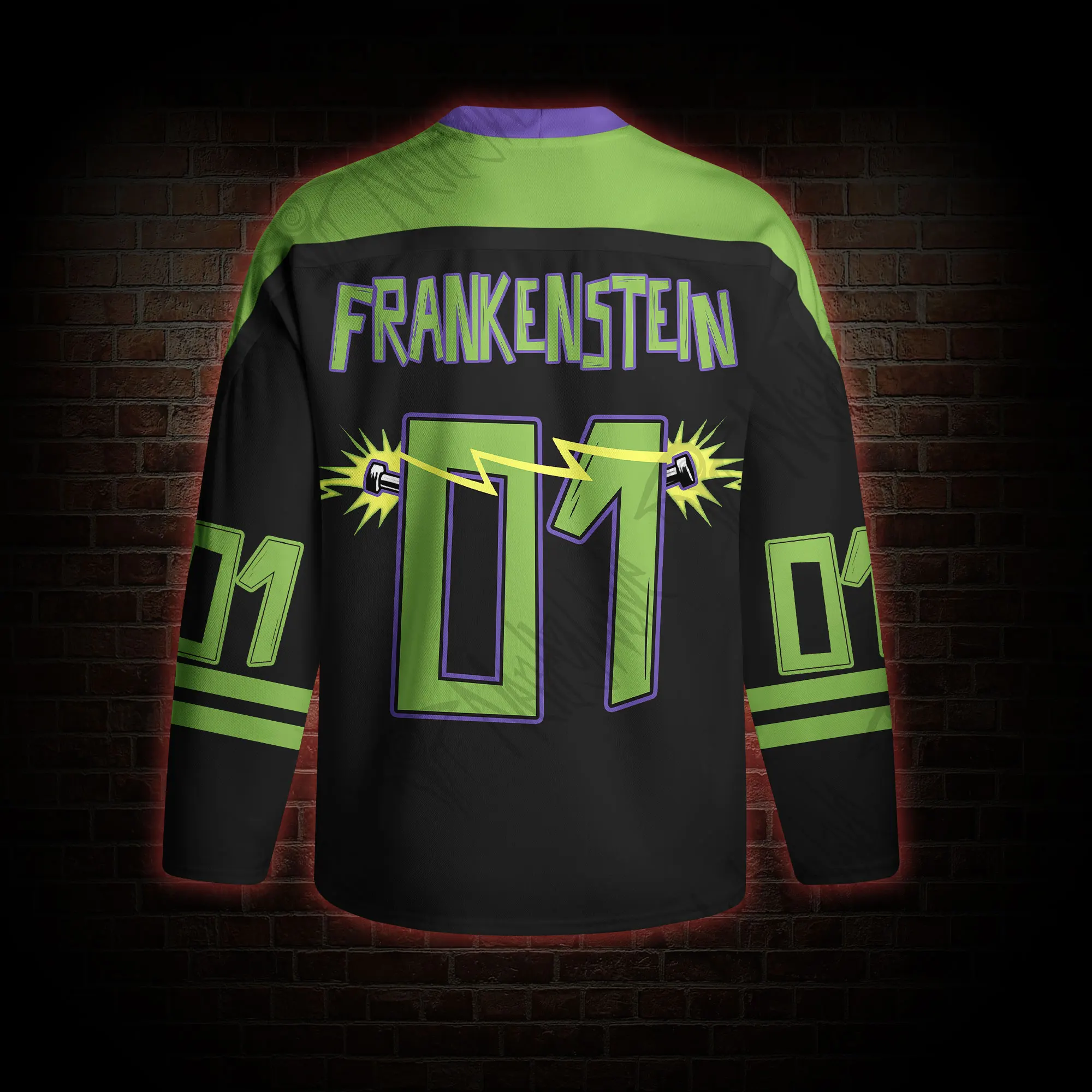 2026 Vintage Monster Graphic Long Sleeve Hockey Jersey, V Neck Retro Horror Streetwear Top, Green Purple Halloween Party Outfit