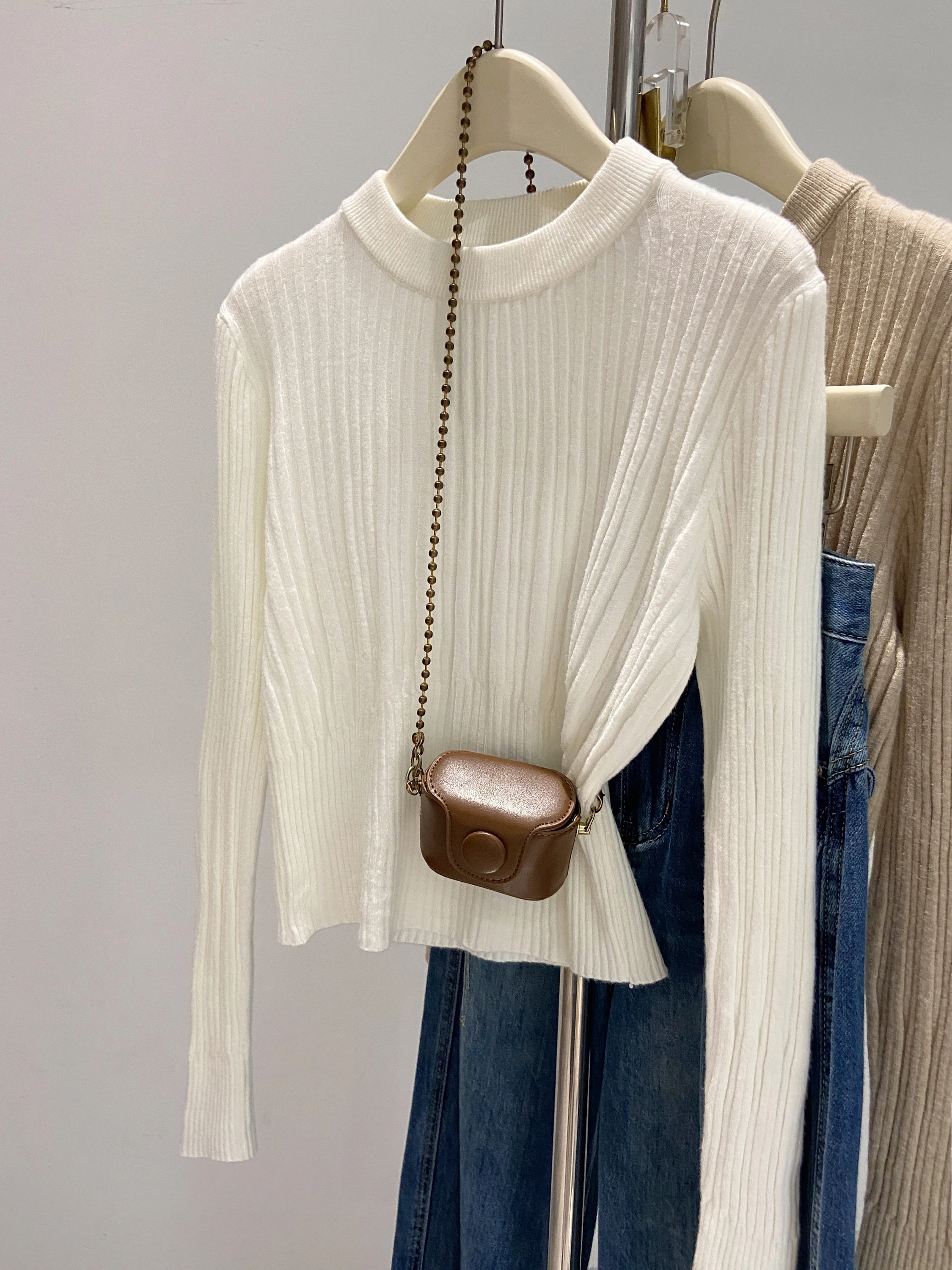 Suéter Corto E de Color Sólido con Cuello Redondo para Mujer, Otoño Invierno, Ajustado a la Cintura, Capa Base, Prenda...