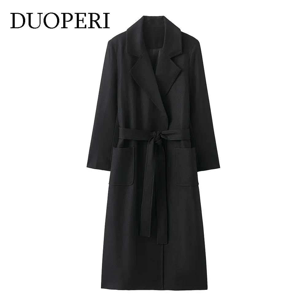 DUOPERI Fashion Wanita dengan Saku Sabuk Jaket Trench Hitam Kasual Kerah Lapel Lengan Panjang Wanita Elegan Chic Pakaian Wanita
