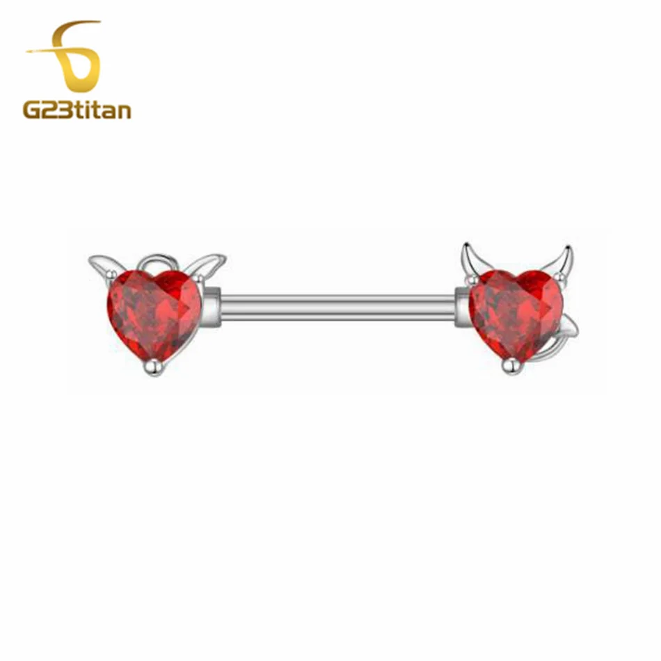 G23titan 2pcs Devil Red Heart Zircon Nipple Piercing Ring for Women 14G Surgical Titanium Barbell Sexy Body Jewelry Accessories