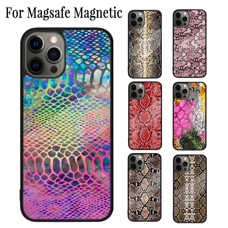 Snake Skin Print Magnetic Phone Case Coque For iPhone 16 15 14 Plus 13 12 Mini 11 Pro Max Magsafe Wireless Charging Cover Capa