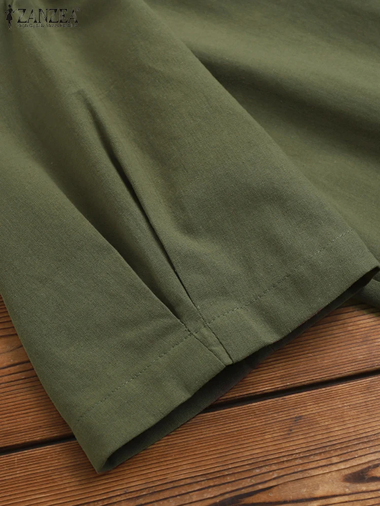 Zanzea blusa de verão vintage feminina casual solto túnica topos de algodão sólido o pescoço camisa de manga curta botões para baixo chemise