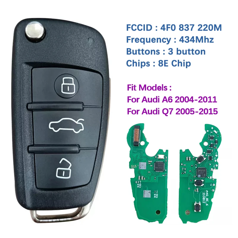 

CN008065 Aftermarket 3 Button Flip Key For A-udi Q7 A6 Remote Frequency 433 Mhz 8E Chip FCCID Number 4F0837220M