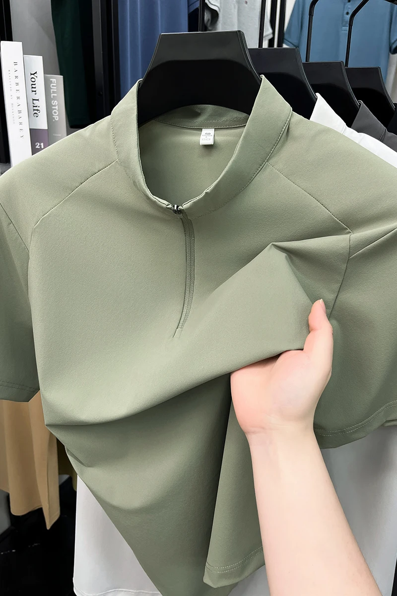 2026 Summer New Style Men's Fashion Notched Collar Half-Zip Shirt Short Sleeve Top
