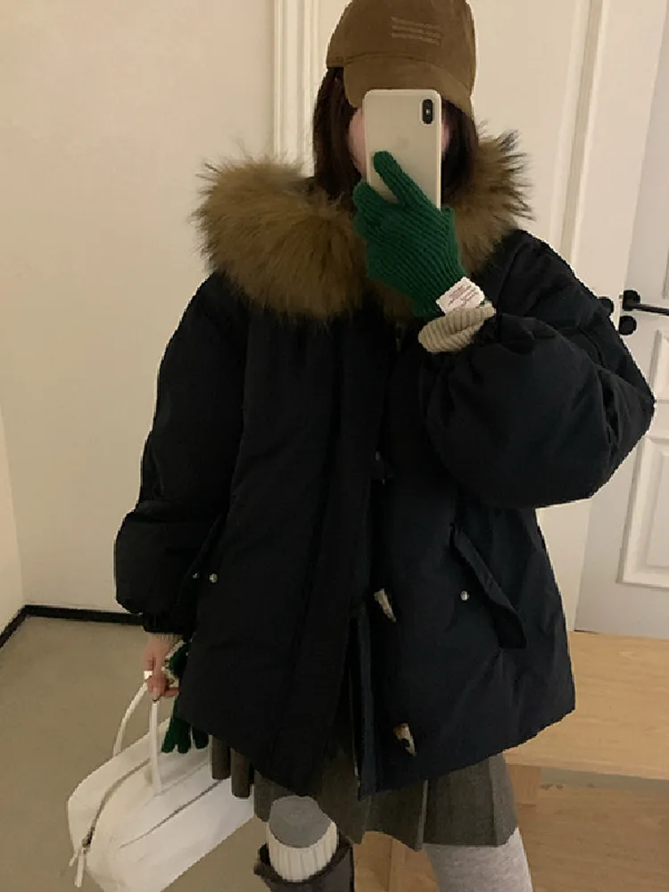 الرجعية الشتاء المرأة أسفل Jaet مقنعين الفراء طوق زر تصميم ثي الدافئة طويلة Sve منتصف طول معطف الأبيض Du أسفل