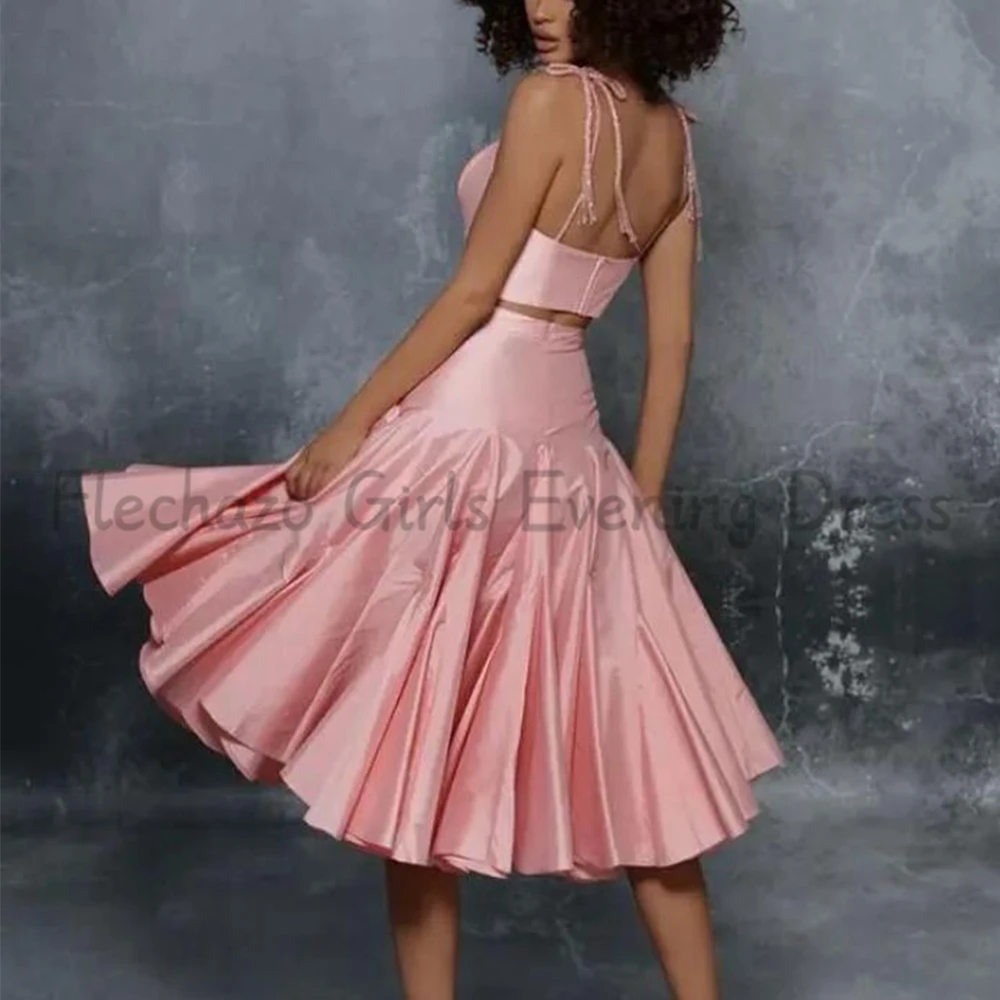 Flechazo Pink Two Piece Evening Dress Spaghetti Straps Sleeveless A-Line Tea-Length Sexy Open Back with Zipper Prom Gowns