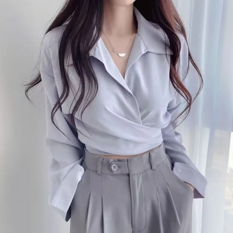 

Summer Shirts Blouse for Women Long Sleeve Shirt White OL Woman Solid Blouses Pullover Ladies Lace Up Tops Y2k Camisas De Mujer