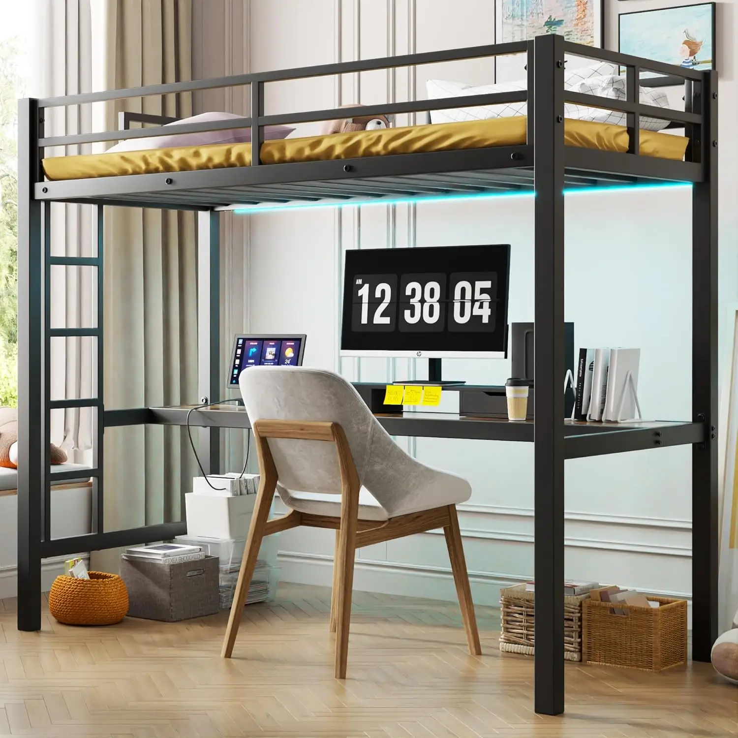 Twin Metal Loft Bed with Desk LED Lights Storage Shelves Fabric Drawers Charging Station Twin Size Black Farmhouse Modern Easy