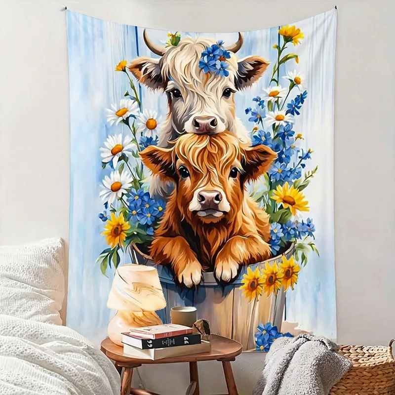 1PC Highland Cow Art Print Backdrop Banner, Bedroom Living Room Photo Background, Polyester, Home Decor, Wall Art