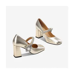 Authentic one-line band square head selling new shallow mouth leather Mary Jane high heels fashion chunky heel rhinestones shoes