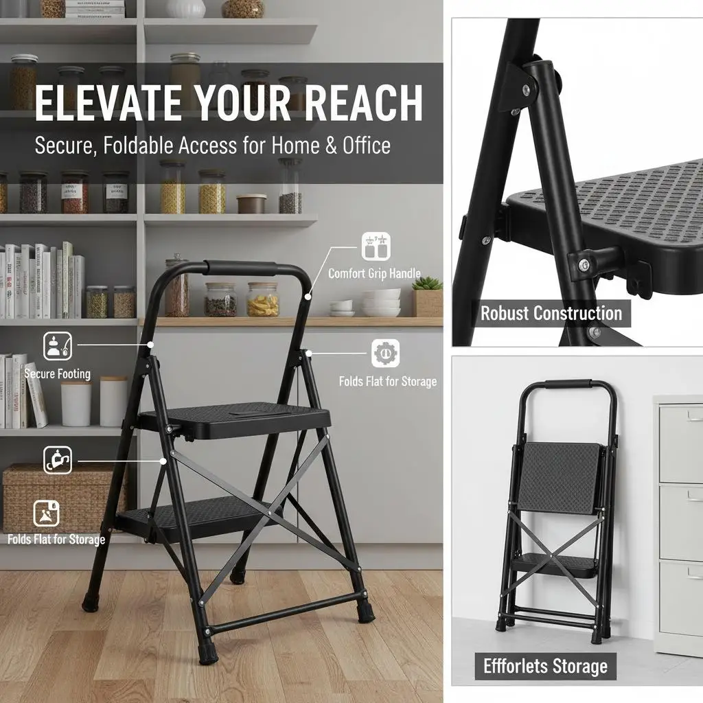 

Двухступенчатая складная лестница-табурет с широкими противоскользящими ступенями и удобной ручкой, легкая, выдерживает нагрузку до 600 фунтов, портативная, стальная.