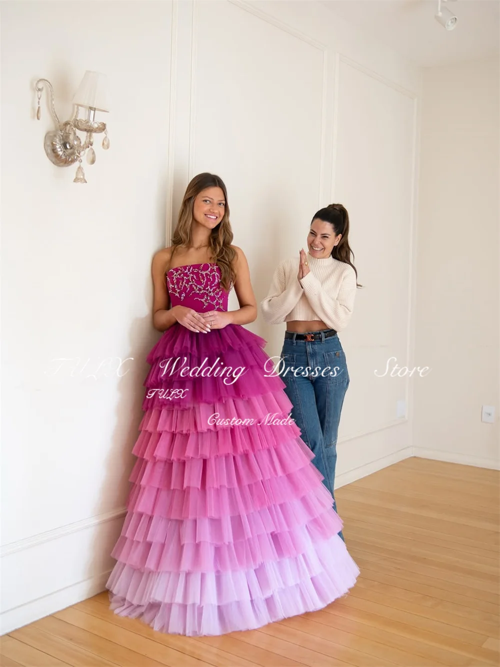 TULX luxe Tulle dégradé violet robes de bal sans bretelles perles robes de soirée une ligne longue à plusieurs niveaux robe de soirée formelle personnalisée