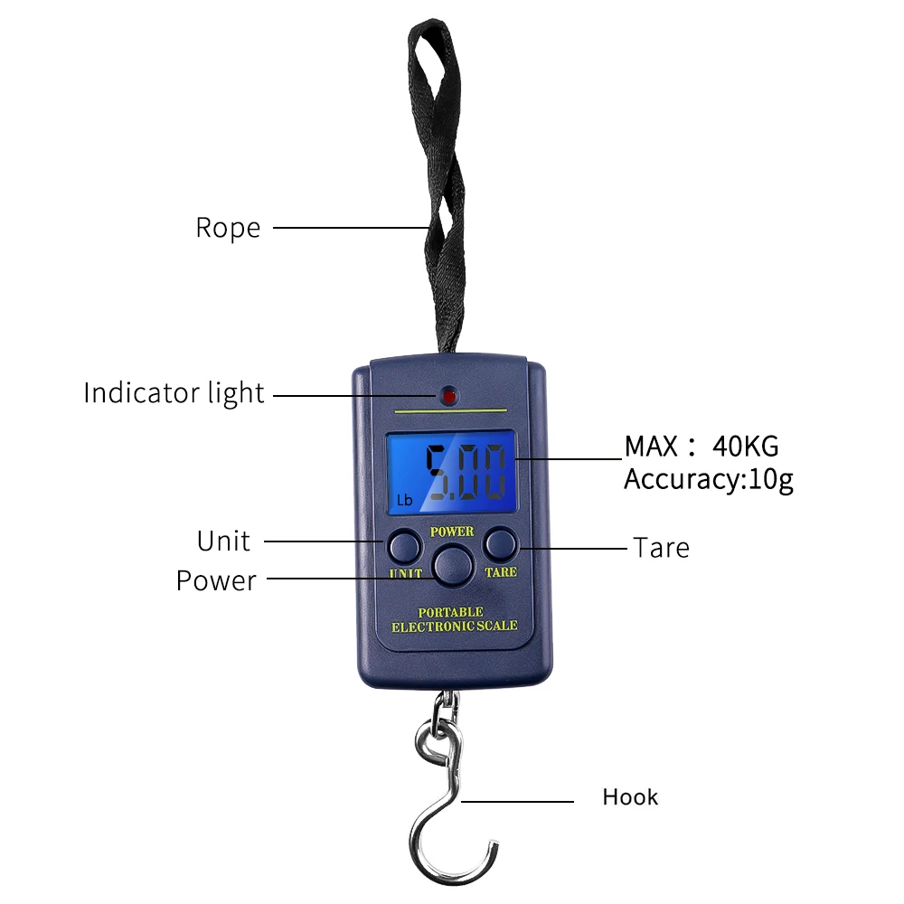 40Kg/10g elektroniczna waga do ważenia LCD cyfrowe podświetlenie waga z hakiem do zawieszania Mini kieszonkowa waga do bagażu do podróży wędkarskich