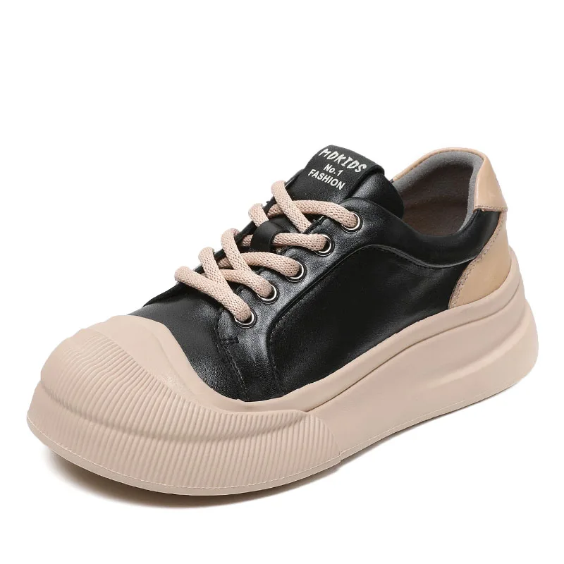 DRKANOL 2024 Women Chunky Platform Sneakers Round Toe Genuine Cow Leather Thick Bottom Casual Sneakers Mixed Colors Ladies Shoes