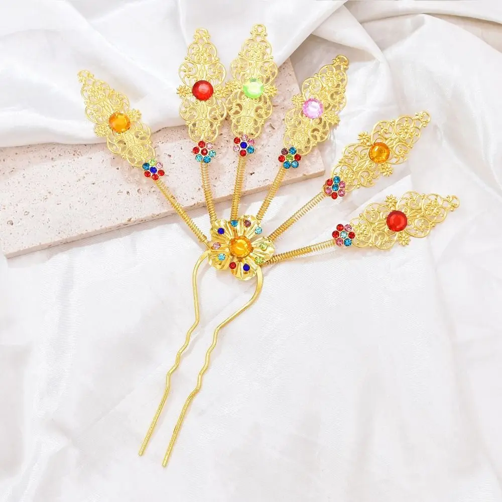 

Ancient Style Headwear Thai Headdress Ancient Hanfu Headwear Leaf Metal Hair Sticks Crystal Gold U Shape Hairpin