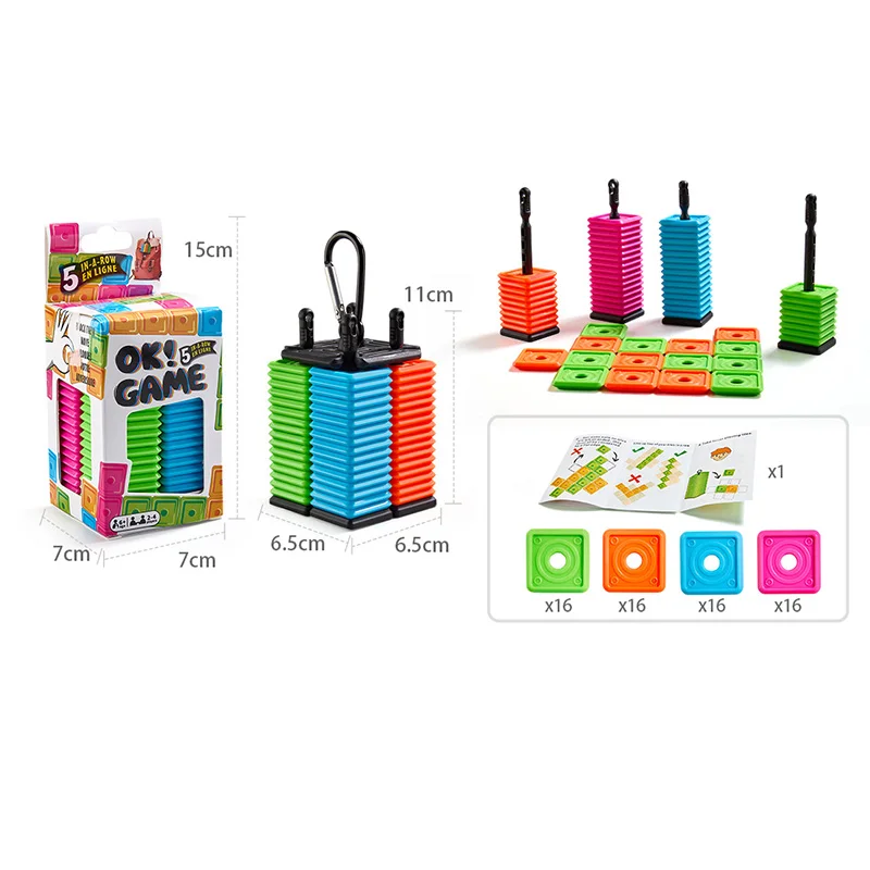 Draagbaar vijf-in-een-rij spel voor kinderen en volwassenen, interactief desktopstrategiespel met kleurrijke stukken, strategiebordspel