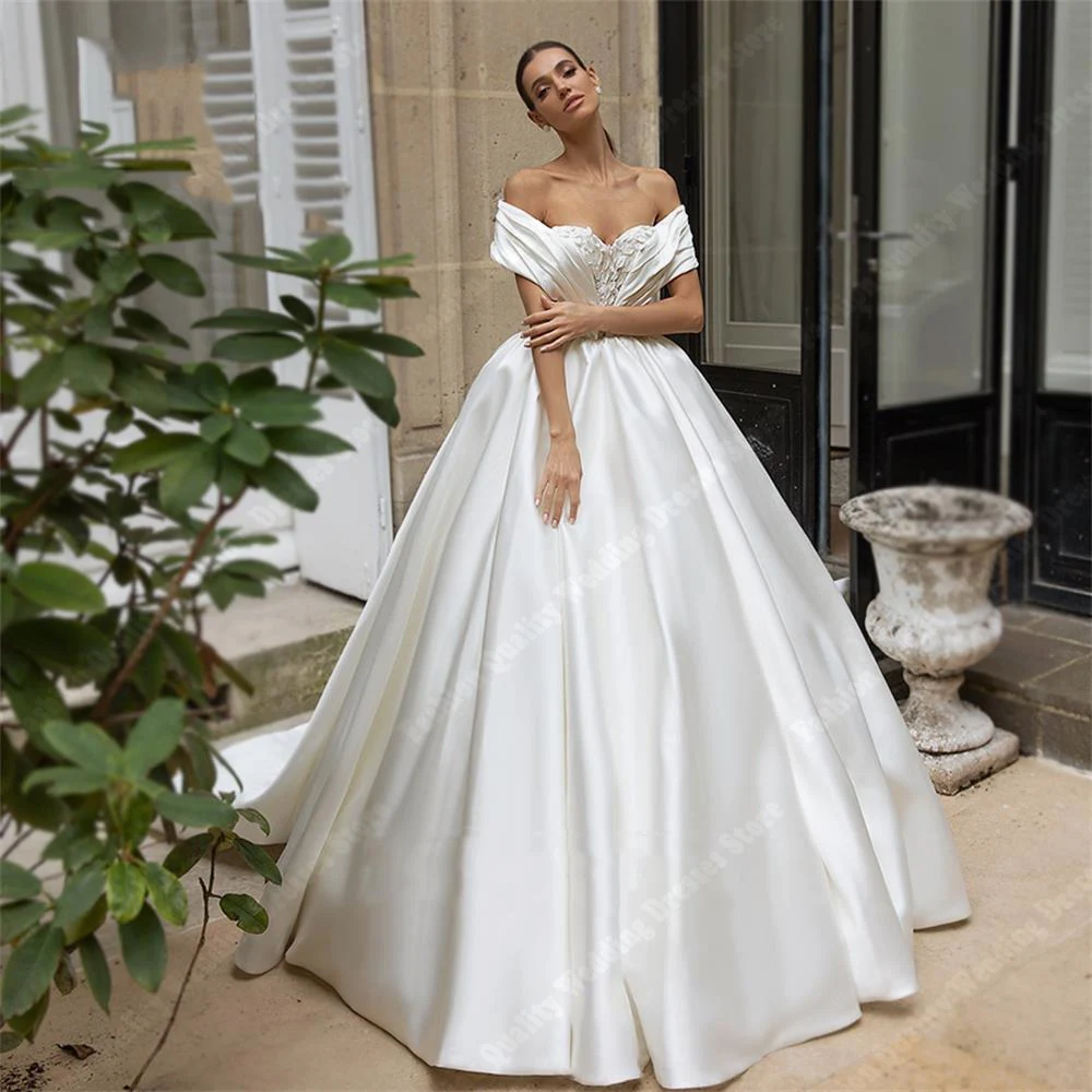 Delicate Satin Finish Lady Wedding Dresses Elegant Off The Shoulder Bridal Gowns Latest Launch Mopping Length Vestidos De Novias