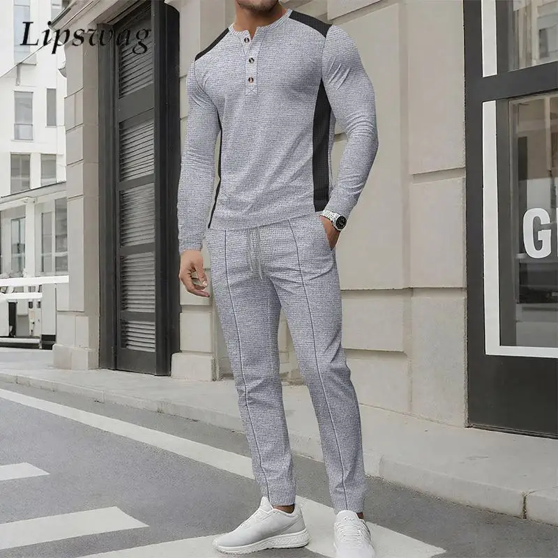 

Autumn Casual Two Pieces Sets Men Vintage Waffle Textured T Shirts And Pants Tracksuits For Mens Sports Fitness Two Piece Suits