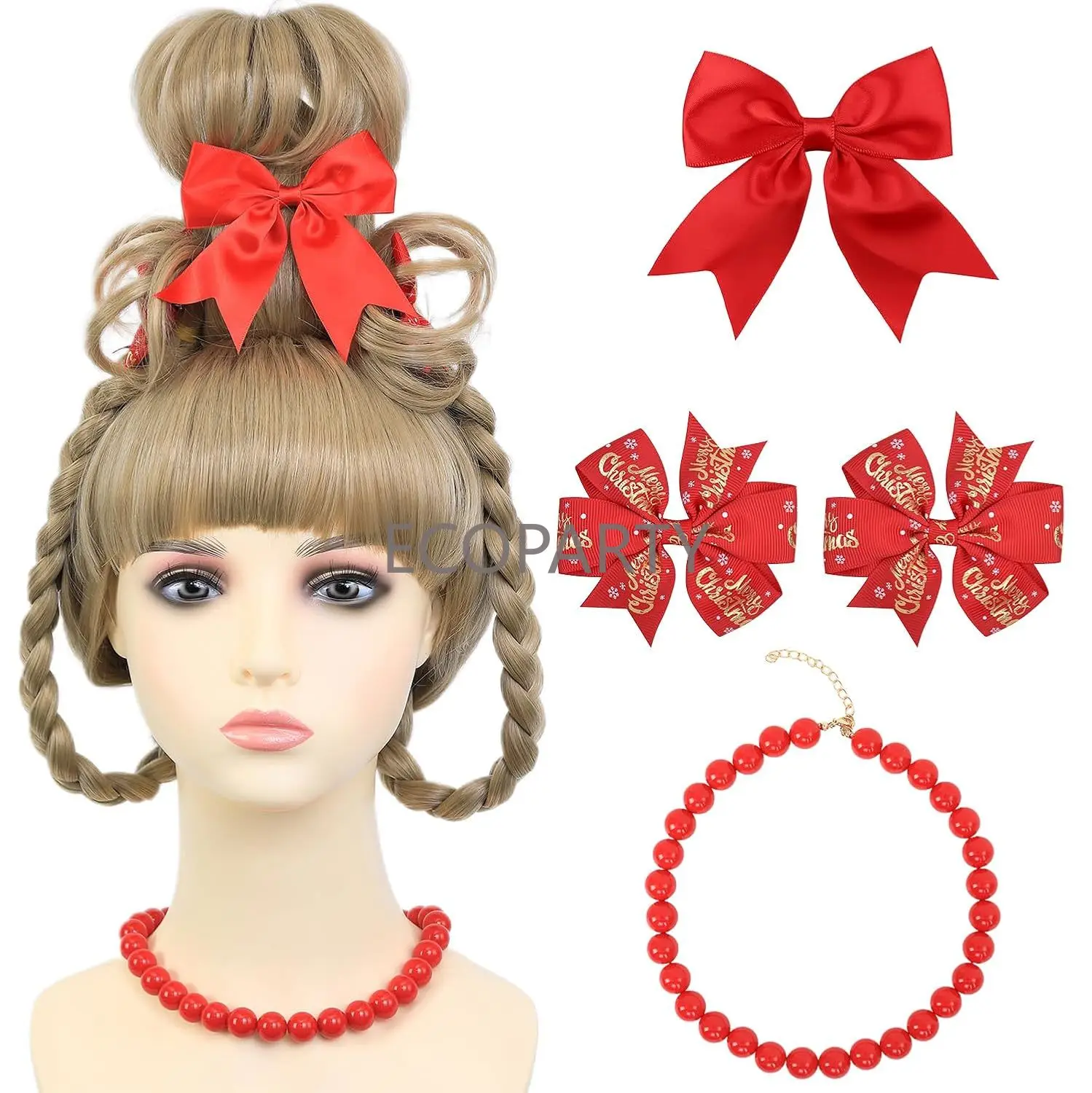 Christmas Costume Wig for Kids Girls Blonde Braided Synthetic Wig with Red Bow Hair Clip and Necklace for Halloween Christmas