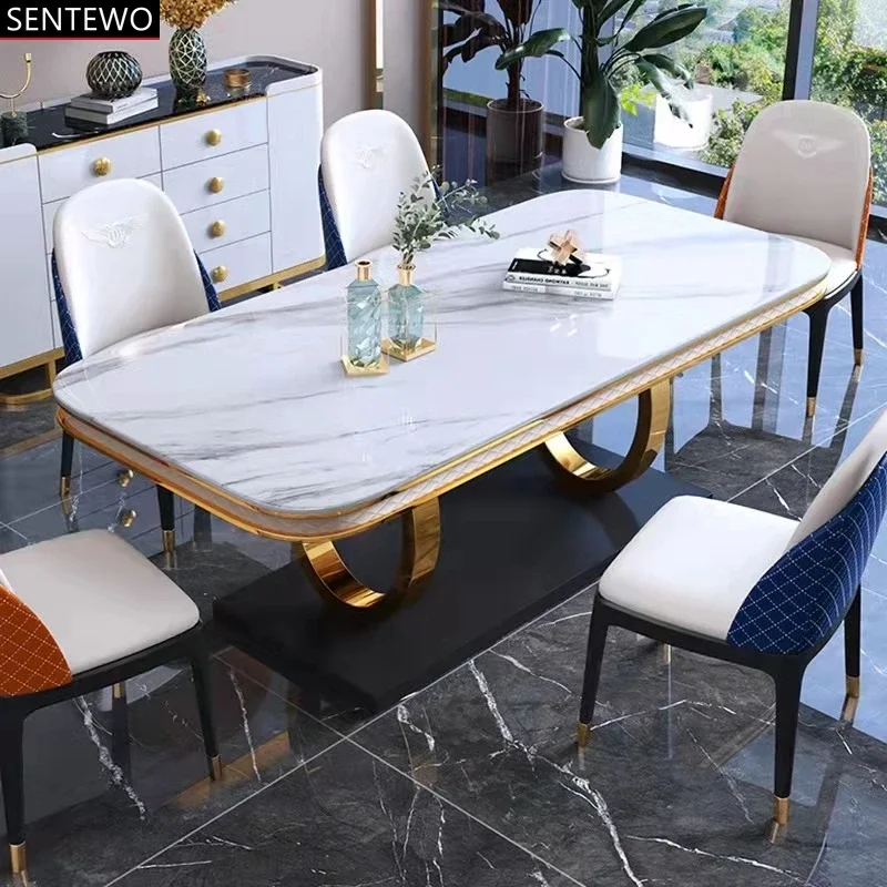 SENTEWO Free Shipping Italian Luxury White Marble Top Dining Table Set 6 Chairs Stainless Steel Gold Base Table Chair Furniture