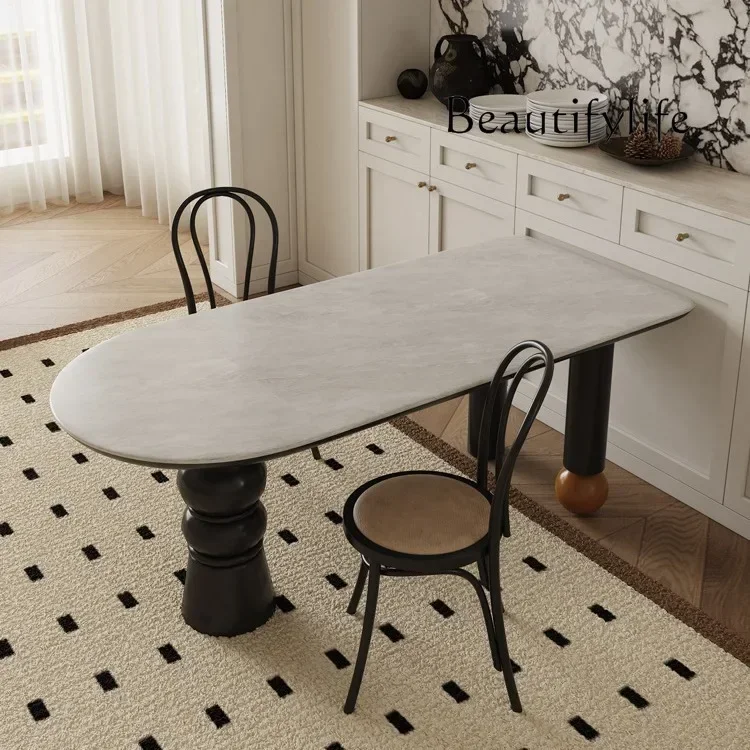 

N36 French retro solid wood dining table high-end slate small apartment designer creative semi-oval island dining table