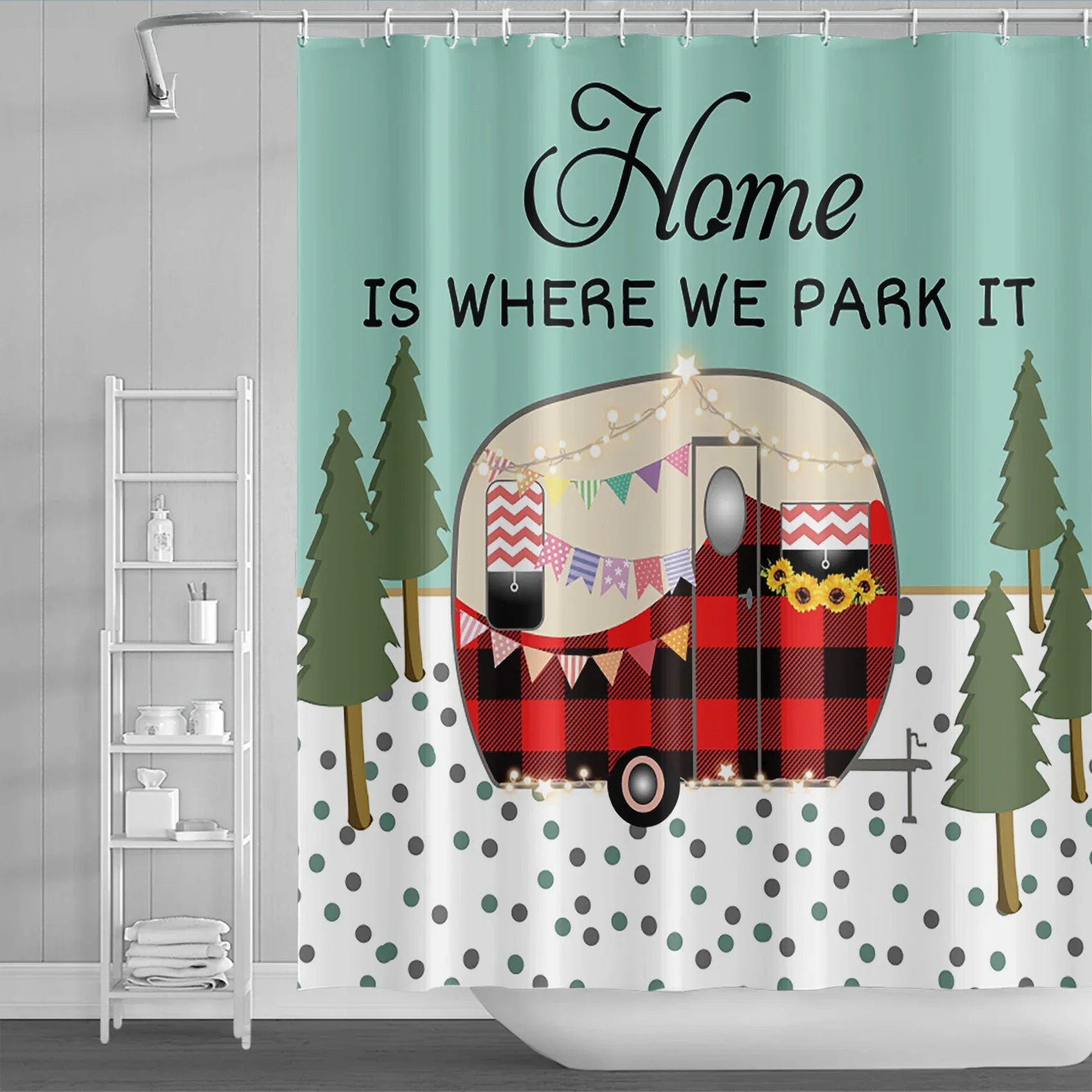 Happy Camper Printed Shower Curtains Modern Waterproof Polyester Fabric Bathtub Screen Home Bathroom Decoration with Hooks