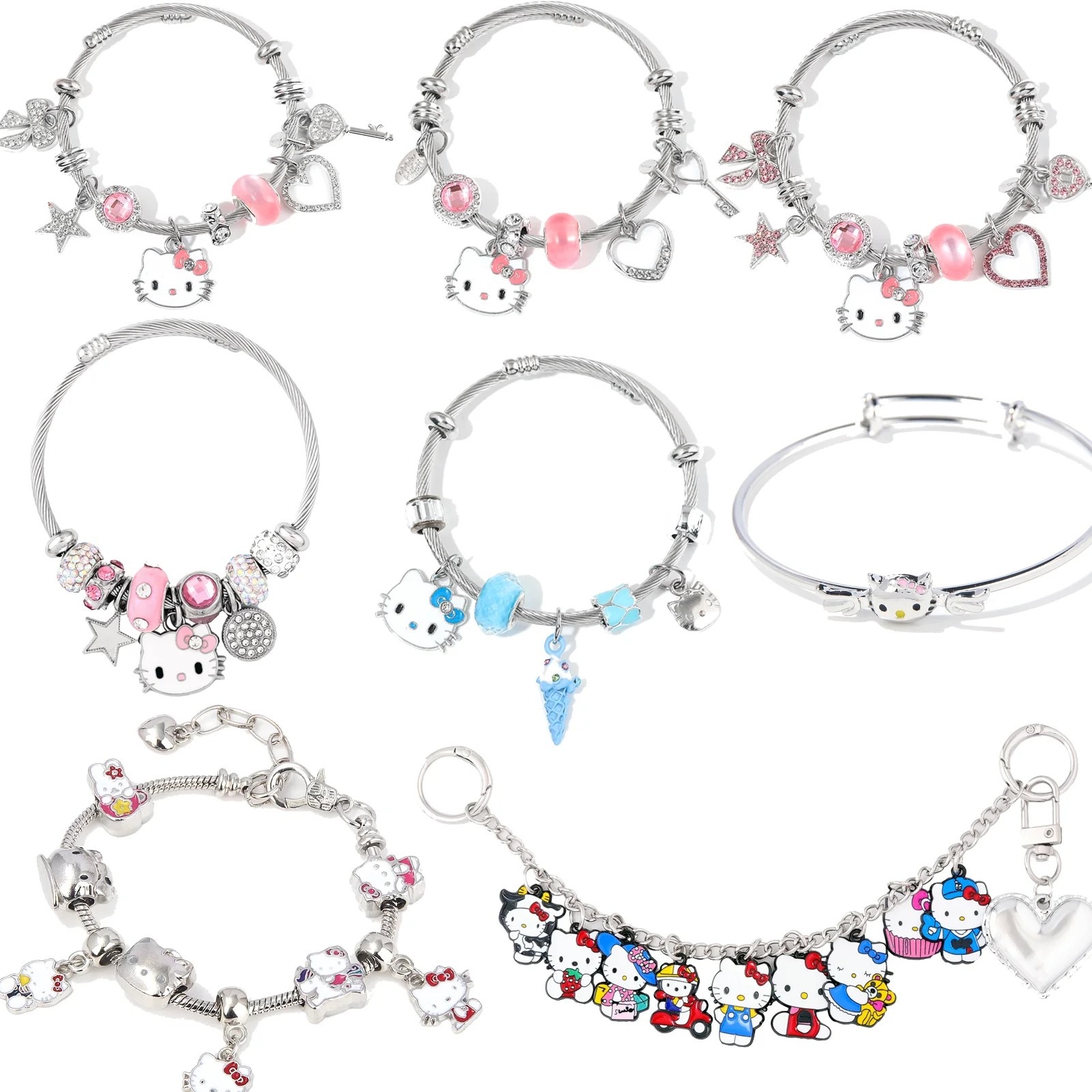 Süßes Mädchen Sanrio Rosa Hello Kitty Buntes Emaille-Armband Anhänger Abnehmbares DIY-Armband Cosplay Requisiten Geschenk für Frauen Schmuck