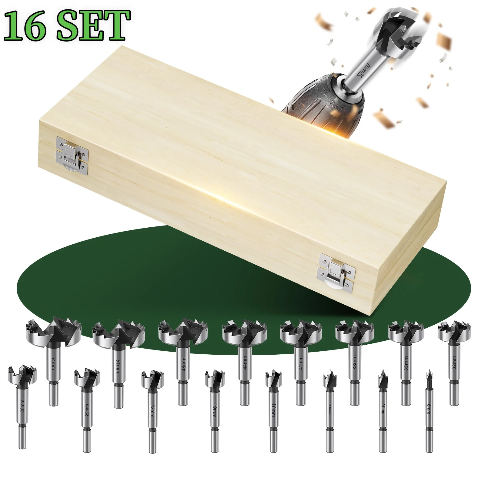 Bohrer-Set, 16-teilig, Bohrer für Holzplatten, perforierte Holzplatten, Türschlösser, Scharniere, 16 verschiedene Bohrer mit Lochdurchmesser von 6 bis 54 mm für alle Holzarten [inkl. Aufbewahrungsbox]