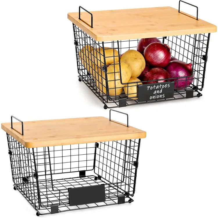 

2 Set Stackable Wire Basket with Bamboo Top - Kitchen Counter, Pantry Organizer and Storage - Produce Onion Potato