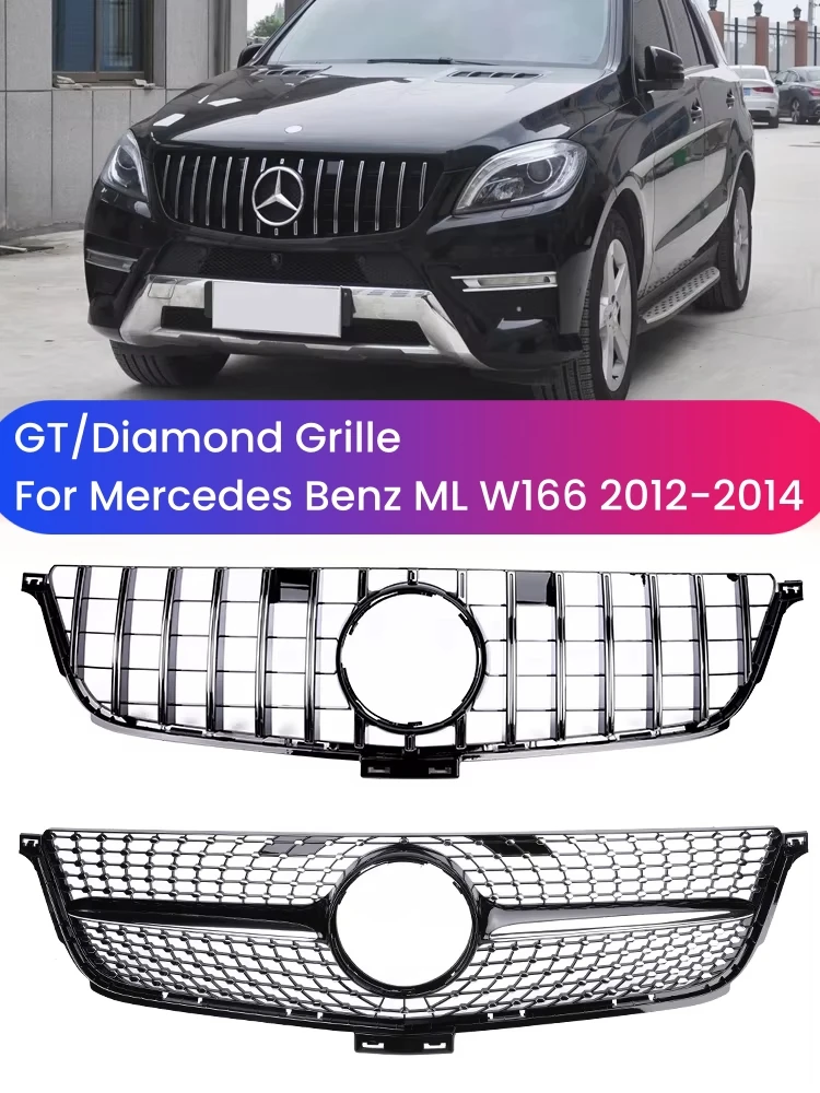 Front Bumper GT Diamond Style For Mercedes Benz ML W166  2012 2013 2014 Grille Racing Grill Cover Black Silver Exterior Parts