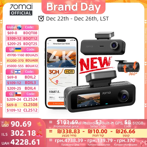 70mai 4K T800E cámara de salpicadero de 3 canales Interior delantero trasero 3 en 1 Control de voz compatible con supercondensador de estacionamiento 24 horas GPS 4K DVR para coche