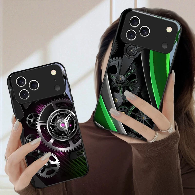 

Fashion Mechanical Gear For iPhone 17 Pro Max 16 E 15 Plus 14 Pro 13 12mini 11 Air XS Max 5 6 7 8Plus SE Black Glass Phone Case