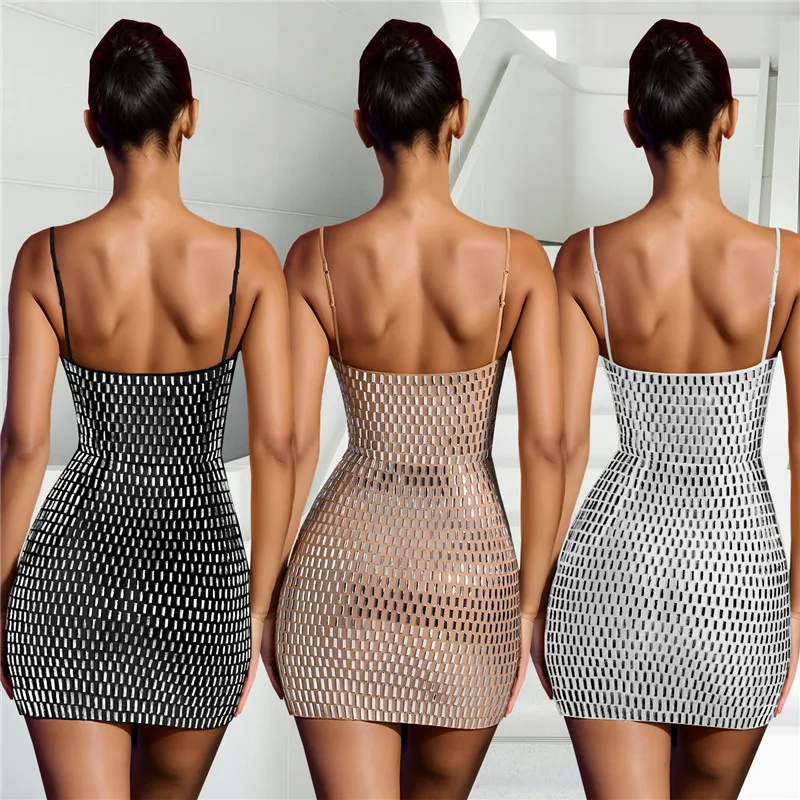 Sexy Spaghetti Strap Women Dress Sleeveless Hollow Out Diamonds Mini Vestidos Fashion Party Clubwear Female Outfits Dropship