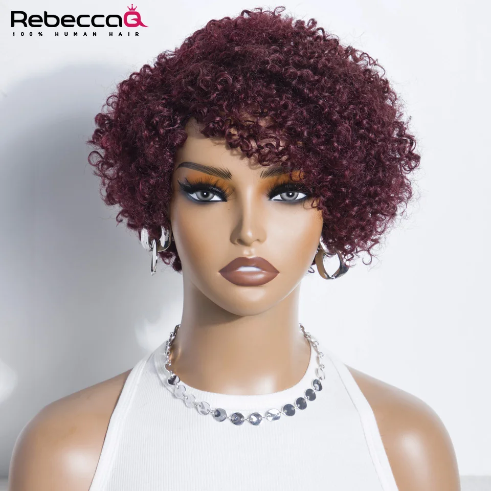 

99J Color Brazilian Curly Human Hair Wigs With Bangs Short Pixie Cut Bob Wig Glueless Curly Wig Full Machine Made Wigs For Women