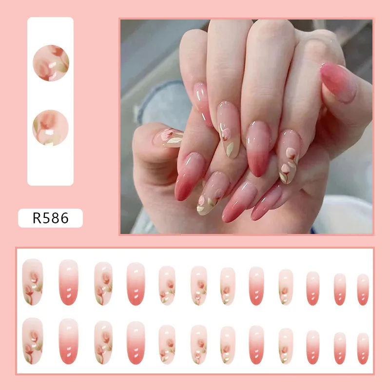 Flor de gradiente rosa Oval Unhas postiças, Pressione unhas acrílicas, Cheap coreano doce dicas de unhas falsas, Verão amêndoa dedo unhas dicas, 24pcs