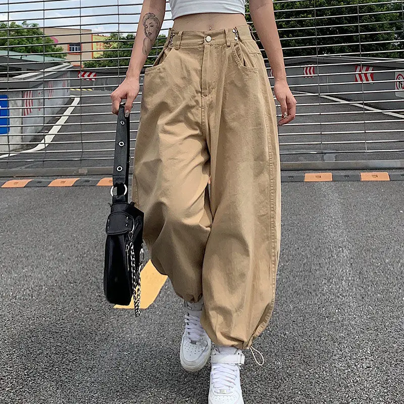 Summer Simplicity Loose Solid Color Cargo Pants Adjustable Drawstring Lantern Trousers Versatile Fashion Casual Women Clothes