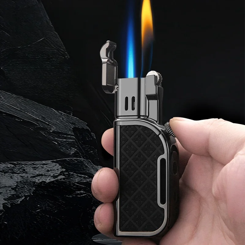 HONEST New Wheel Lighter Double Fire Torch Open Flame Vintage Cigar Lighter with Cigar Scissors Portable Lighter Outdoor Tools