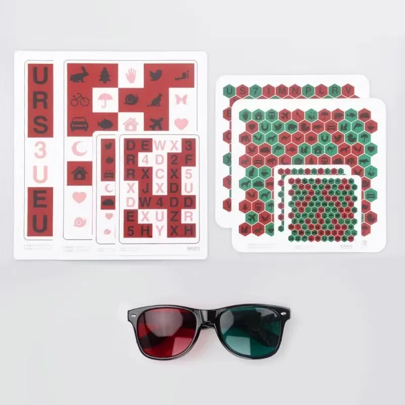 Anti-Suppression Letter VT Trainer 8Pcs Vision Training Charts for Child Amblyopia Myopia Equipped with Red Green Glasses