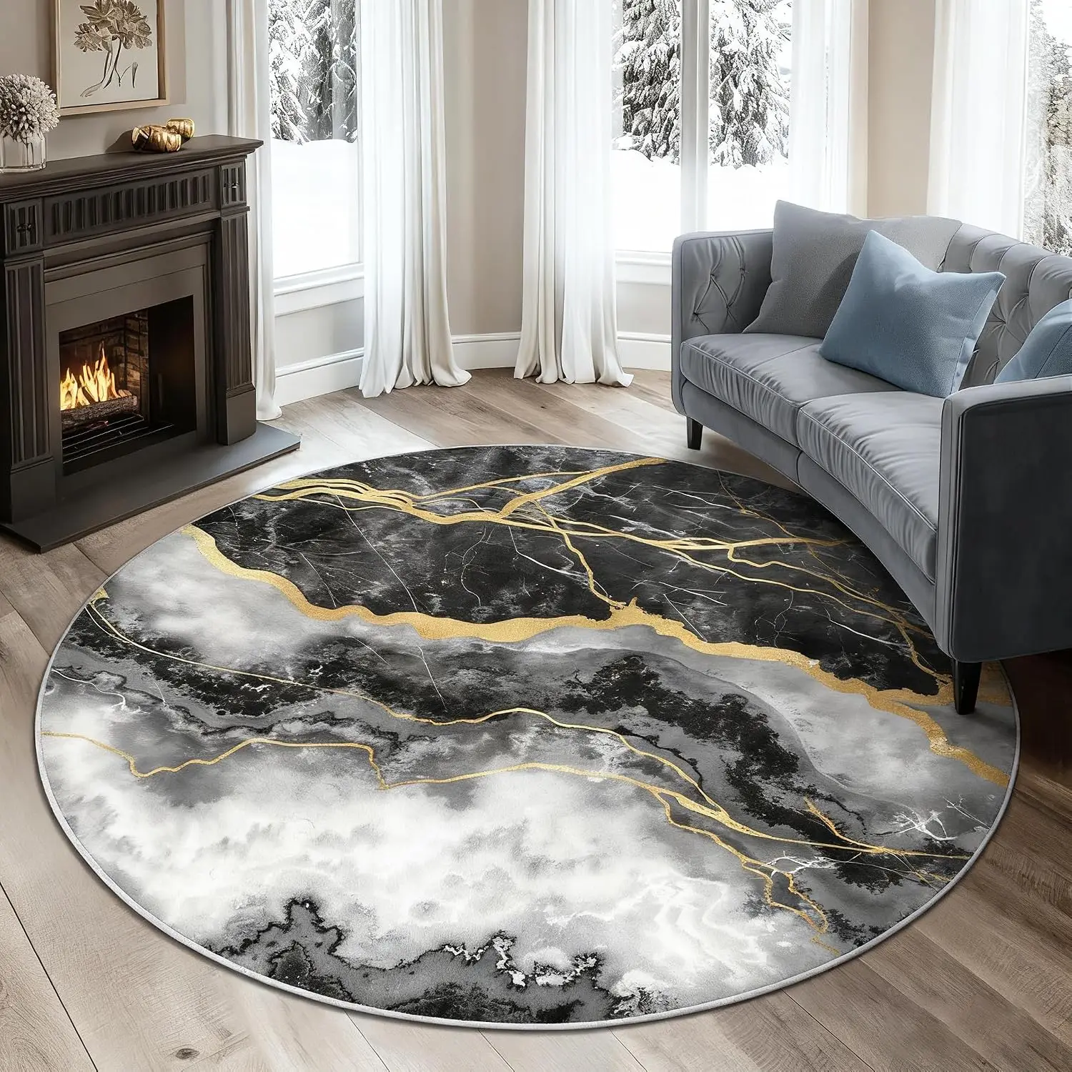 Chinese Style Circular Rug Lucky Koi Fish Pond Print Round Carpet for Kids Room Living Room Cute Decor Non-Slip Floor Mat Area