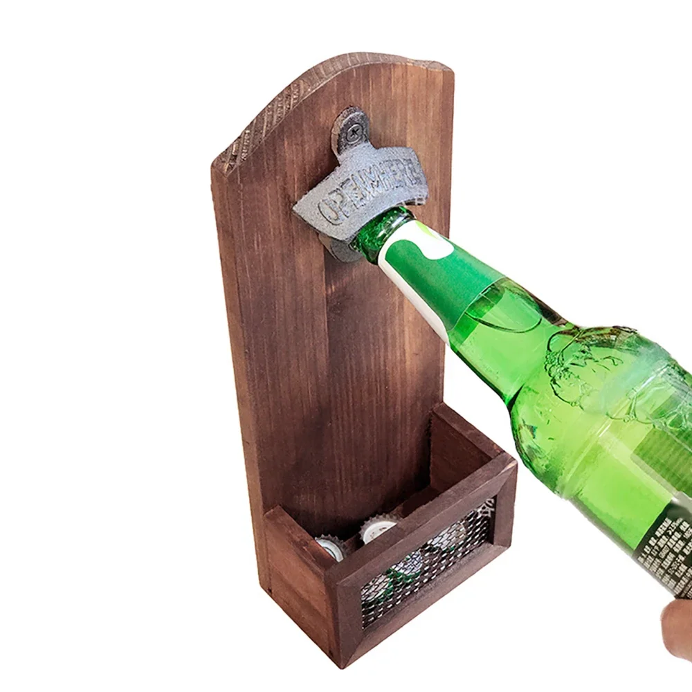 Vintage Bottle Opener Wooden Wall Mounted Beer Bottle Opener with Cap Catcher for Beer Lovers Household Kitchen Bar Tools