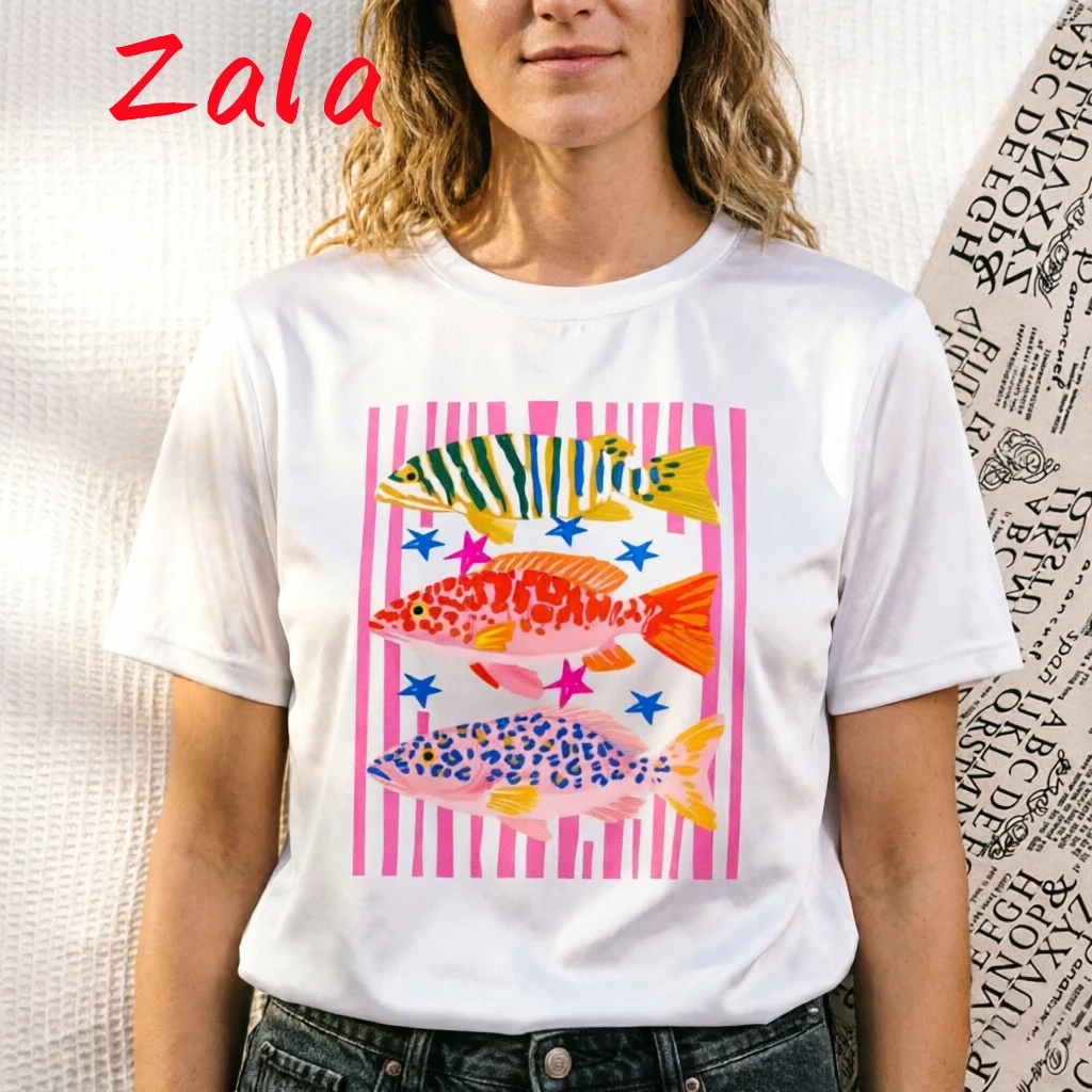 Preppy Fish Printed Tshirt Female Fishing T Shirt Summer Vacation Funny Beach T-shirt Casual Round Neck Women Clothes Tops