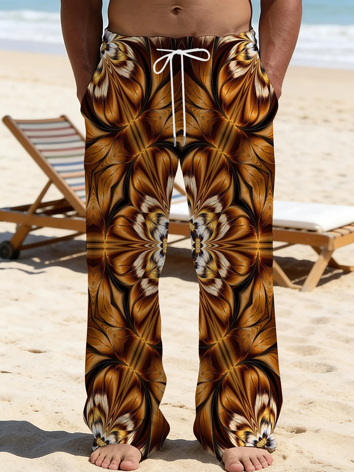

2026 Men's Printed Straight Leg Pants Abstract Wave Pattern Drawstring Waist Loose Fit Summer Beach Casual Lightweight Pants