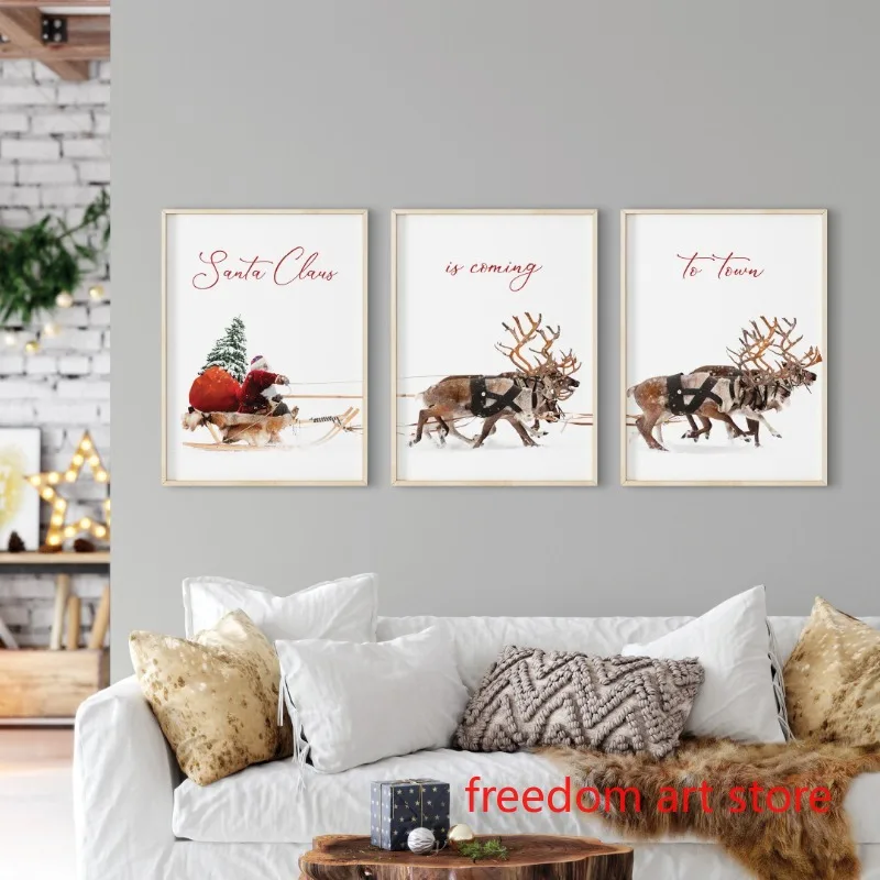 Christmas Santa Claus Holiday Reindeer Snow Winter Train Art Poster Canvas Painting Wall Print Picture Children Room Home Decor