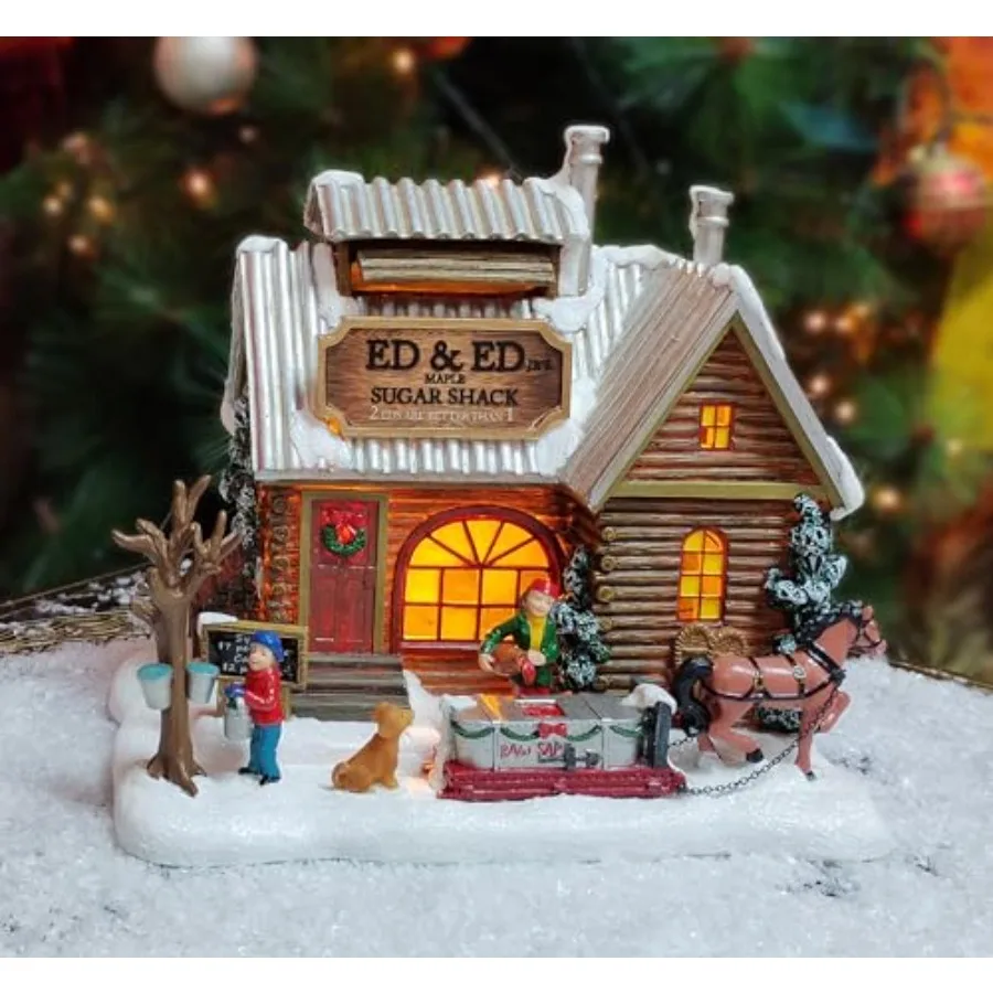Light Up Sugar Shack Christmas Village House Hand-Painted Polyresin Cabin Scene with Horse and Dog Winter Holiday Décor Battery view 6