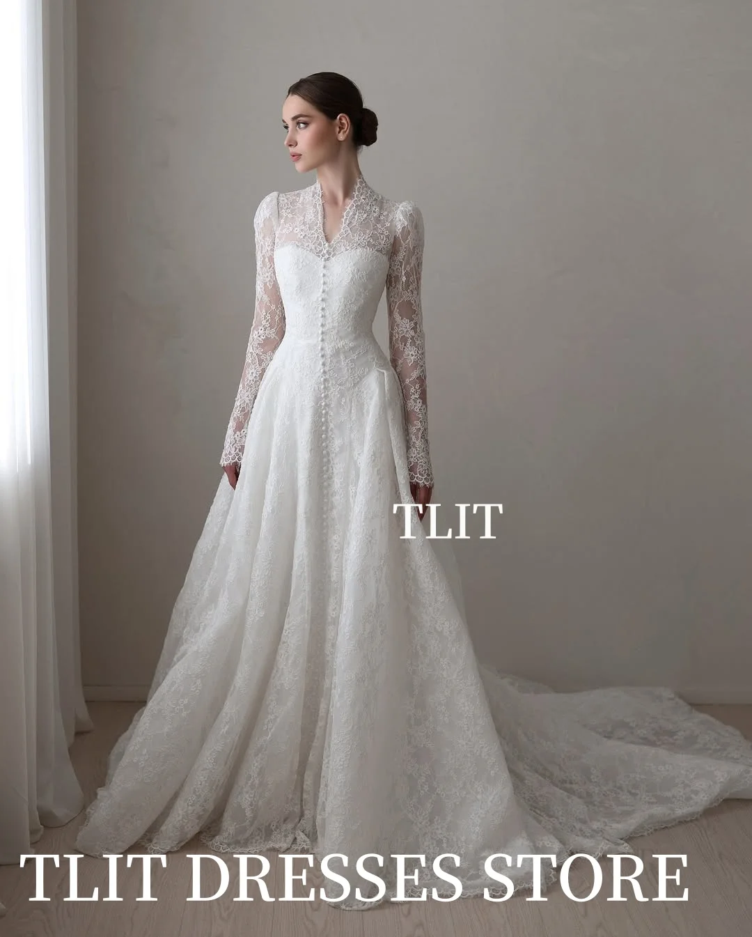TLIT Vintage Ivory Lace A-Line Wedding Dresses Customized V-Neck  فساتين زفاف Buttons Long Sleeves Bridal Gowns